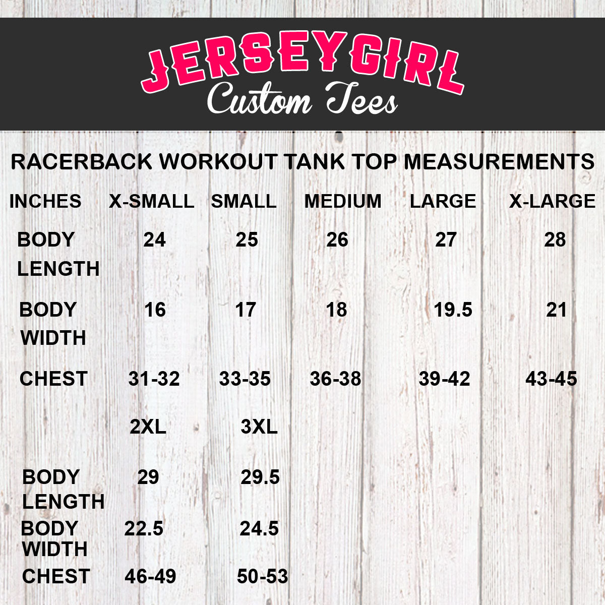 racerback tank top size chart