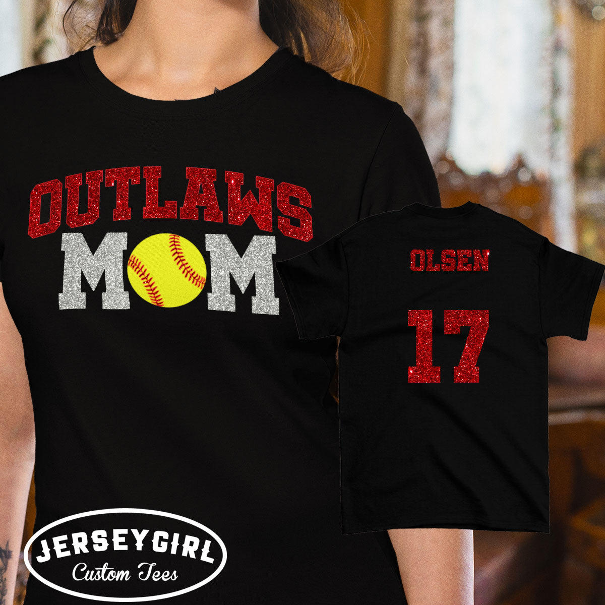 glitter softball mom shirt with team name