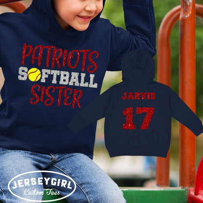 custom softball sister toddler hoodie with name & number