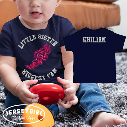 little sister biggest fan track baby bodysuit or toddler shirt