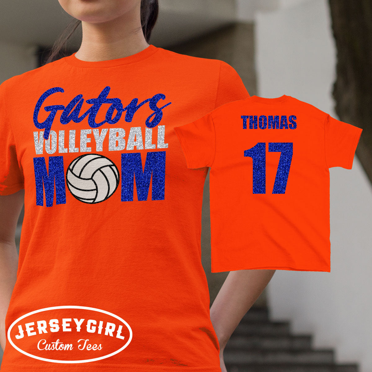 custom glitter volleyball mom shirt with name & number
