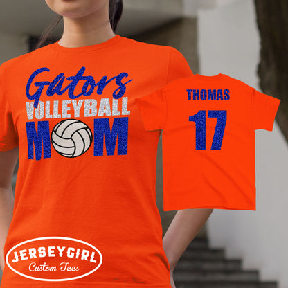 custom glitter volleyball mom shirt with name & number
