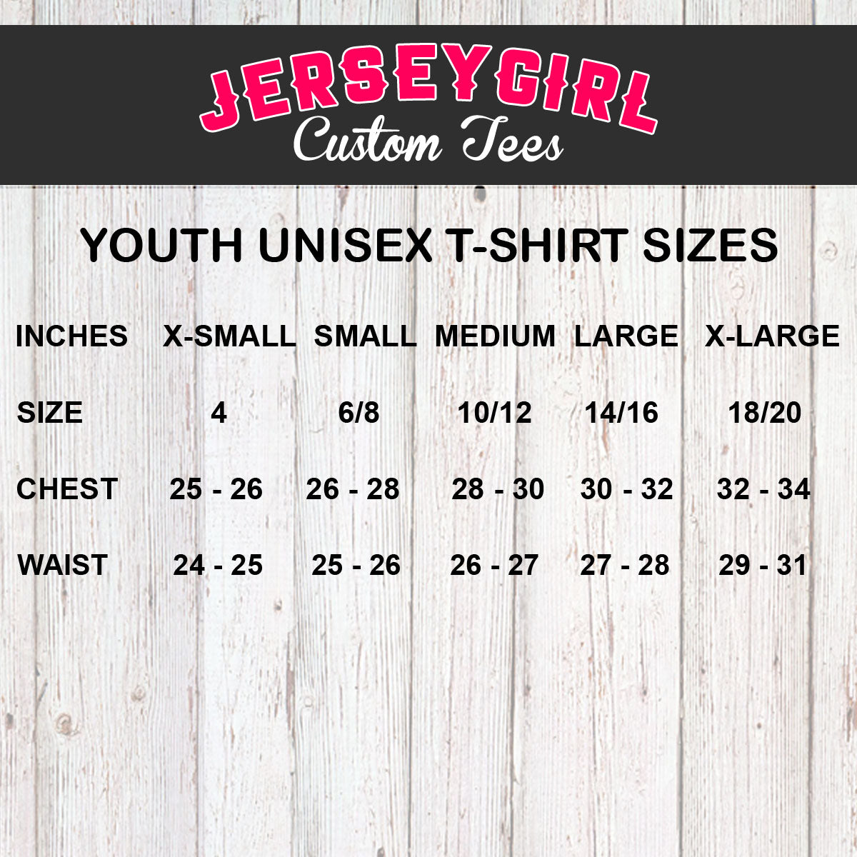 youth unisex t-shirt size chart